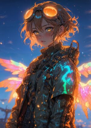The Aviator's Ascension: A Digital Painting of a Futuristic Angel - Premium Wooden Framed Poster. Ready to Hang.