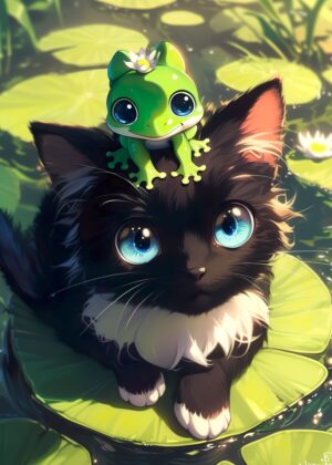 Adorable Frog and Cat Friendship: A Whimsical Artwork - Premium Wooden Framed Poster. Ready to Hang.