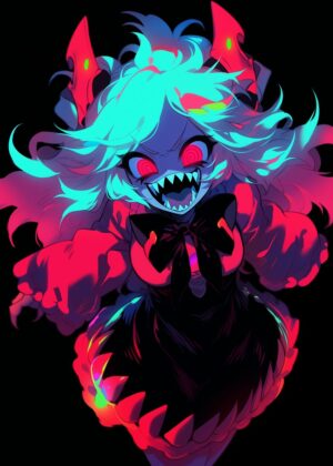 Neon Nightmare: Anime Monster Girl Art Print - Premium Wooden Framed Poster. Ready to Hang.