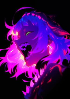 Neon Rage: Anime Monster Girl Art Print - Premium Wooden Framed Poster. Ready to Hang.