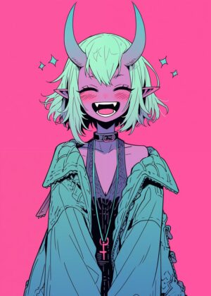 Anime Monster Girl: Pastel Goth Demon - Premium Wooden Framed Poster. Ready to Hang.