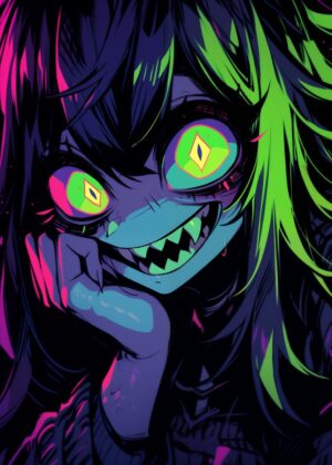 Neon Nightmare: Anime Monster Girl Art Print - Premium Wooden Framed Poster. Ready to Hang.