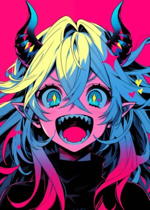 Vibrant Anime Monster Girl Art Print - Premium Wooden Framed Poster. Ready to Hang.