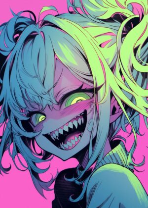 Neon Nightmare: Anime Monster Girl Art Print - Premium Wooden Framed Poster. Ready to Hang.