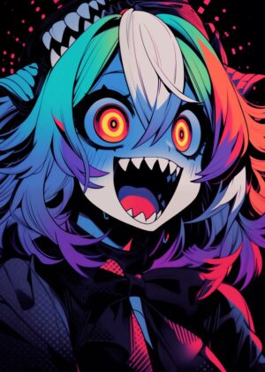 Vibrant Anime Monster Girl Art Print - Premium Wooden Framed Poster. Ready to Hang.