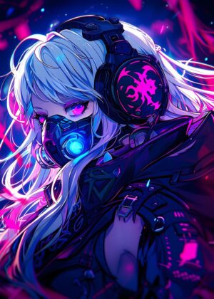 Cyberpunk Anime Girl: Futuristic Art Print - Premium Wooden Framed Poster. Ready to Hang.