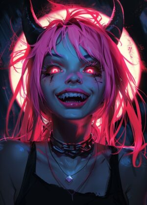 Neon Demon Girl: Digital Art Print - Premium Wooden Framed Poster. Ready to Hang.
