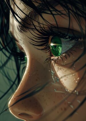 90s Anime Girl: Emerald Eyes - Premium Wooden Framed Poster. Ready to Hang.