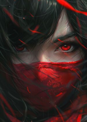 Crimson Eyes: Japanese Anime Girl Art Print - Premium Wooden Framed Poster. Ready to Hang.