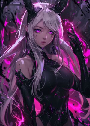 Pink Neon Anime Girl Art Print - Premium Wooden Framed Poster. Ready to Hang.