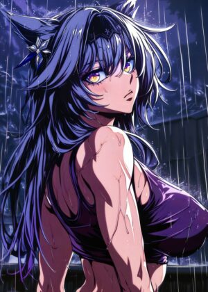 Anime Fox Girl Rain - Premium Wooden Framed Poster. Ready to Hang.