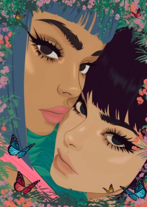 Twin Girl Anime Art Print: A Whimsical Floral Embrace - Premium Wooden Framed Poster. Ready to Hang.