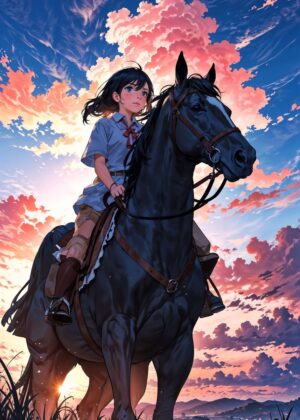Rider of the Twilight Sky: Anime Girl and Horse Artwork - Premium Wooden Framed Poster. Ready to Hang.