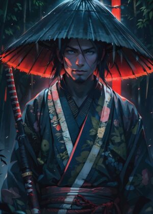 Mysterious Samurai: Anime Art Print - Premium Wooden Framed Poster. Ready to Hang.