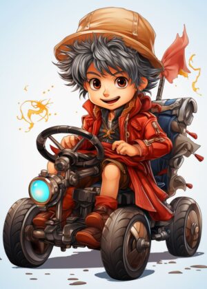 Adventurous Boy in a Futuristic Vehicle - Premium Wooden Framed Poster. Ready to Hang.