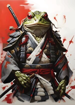 Frog Samurai: Digital Art Print - Premium Wooden Framed Poster. Ready to Hang.
