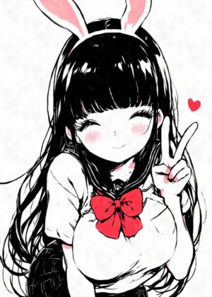 Kawaii Peace Bunny Girl Anime Art Print - Premium Wooden Framed Poster. Ready to Hang.