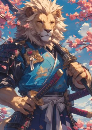 Majestic Lion Samurai: A Breathtaking Artwork - Premium Wooden Framed Poster. Ready to Hang.