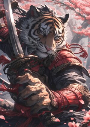 Fierce Tiger Warrior Artwork: Digital Painting - Premium Wooden Framed Poster. Ready to Hang.