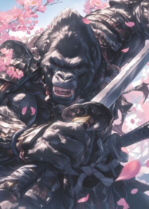 Gorilla Samurai: A Fusion of Power and Grace - Premium Wooden Framed Poster. Ready to Hang.