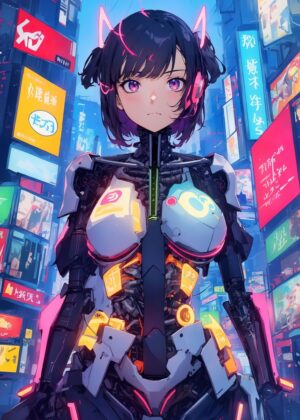 Cyberpunk Anime Girl Artwork Print - Premium Wooden Framed Poster. Ready to Hang.