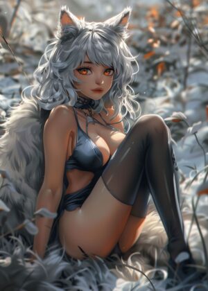 White Anime Fox Girl Artwork Print - Premium Wooden Framed Poster. Ready to Hang.