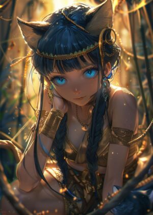 Mystical Feline Enchantress: Digital Art Print - Premium Wooden Framed Poster. Ready to Hang.