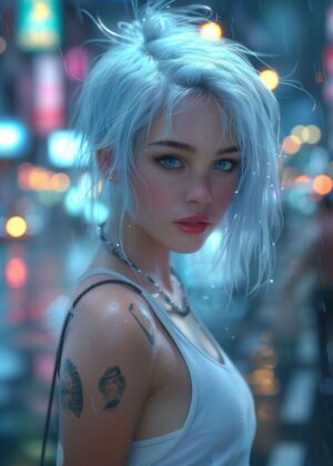 Cyberpunk Rain: Digital Art Print of a Futuristic Woman - Premium Wooden Framed Poster. Ready to Hang.