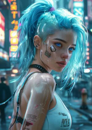 Cyberpunk City Girl: Neon Dreams - Premium Wooden Framed Poster. Ready to Hang.