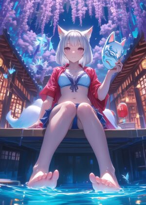 Nine-Tailed Fox Moonlit Night: Anime Art Print - Premium Wooden Framed Poster. Ready to Hang.