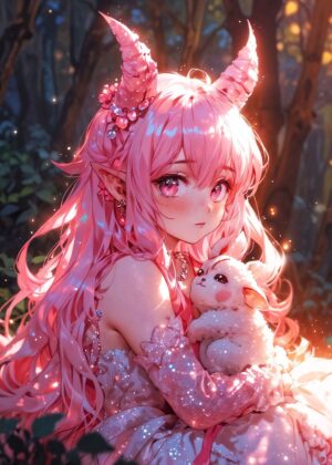 Adorable Pink-Haired Demon Girl with Fluffy Companion - Premium Wooden Framed Poster. Ready to Hang.