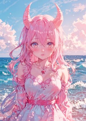 Pink Paradise: Anime Girl by the Sea - Premium Wooden Framed Poster. Ready to Hang.