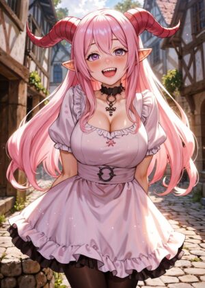 Smiling Demon Girl Art Print - Premium Wooden Framed Poster. Ready to Hang.