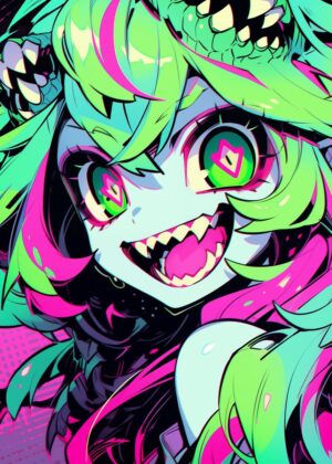Neon Nightmare: Anime Monster Girl Art Print - Premium Wooden Framed Poster. Ready to Hang.