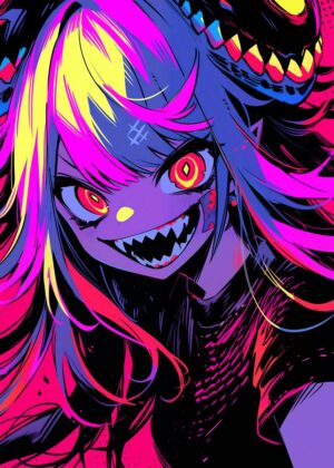 Neon Nightmare: Anime Monster Girl Art Print - Premium Wooden Framed Poster. Ready to Hang.