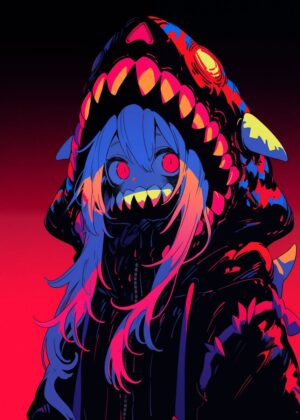 Neon Monster Girl Anime Art Print - Premium Wooden Framed Poster. Ready to Hang.
