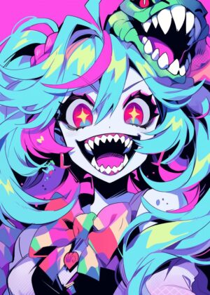 Vibrant Anime Monster Girl Art Print - Premium Wooden Framed Poster. Ready to Hang.