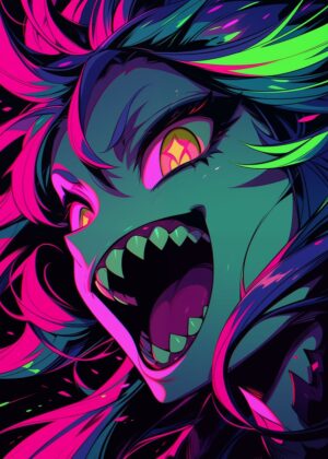 Screaming Anime Monster Girl Art Print - Premium Wooden Framed Poster. Ready to Hang.