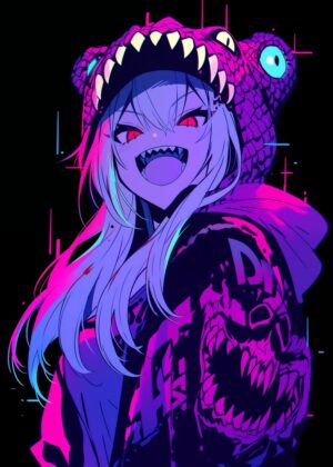 Cyberpunk Anime Monster Girl Art Print - Premium Wooden Framed Poster. Ready to Hang.