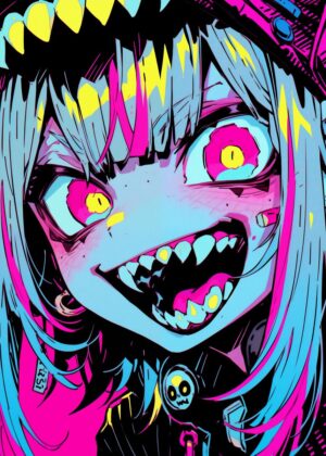 Cyberpunk Anime Monster Girl Art Print - Premium Wooden Framed Poster. Ready to Hang.