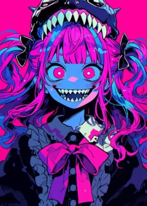 Neon Nightmare: Anime Monster Girl Art Print - Premium Wooden Framed Poster. Ready to Hang.