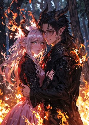 Fiery Embrace: A Demon Romance Artwork - Premium Wooden Framed Poster. Ready to Hang.