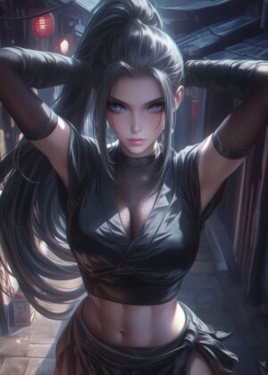 Mysterious Kunoichi in Ancient Village - Premium Wooden Framed Poster. Ready to Hang.