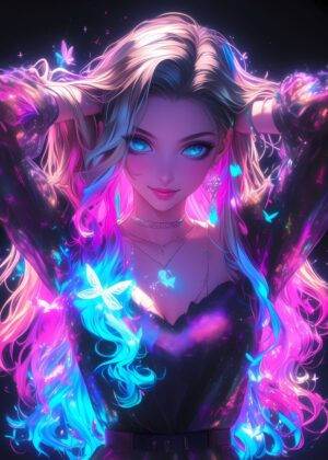 Neon Glowing Girl: Anime Digital Art Print - Premium Wooden Framed Poster. Ready to Hang.