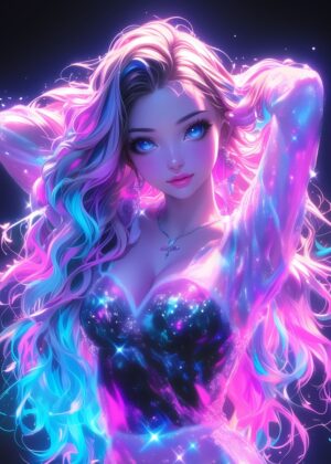 Neon Fantasy Girl: A Dreamy Digital Artwork - Premium Wooden Framed Poster. Ready to Hang.