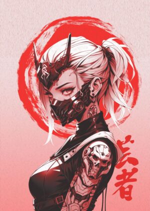 Cyberpunk Oni Girl: Red Digital Oil Painting - Premium Wooden Framed Poster. Ready to Hang.