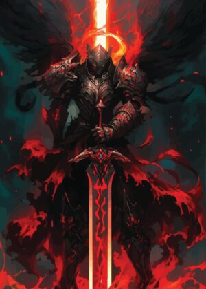 Fiery Samurai Angel: Anime Art Print - Premium Wooden Framed Poster. Ready to Hang.