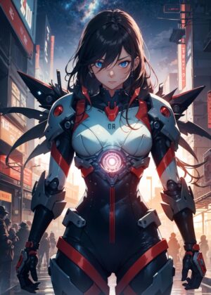 Anime Cyberpunk Girl: Futuristic Warrior in Neon City - Premium Wooden Framed Poster. Ready to Hang.