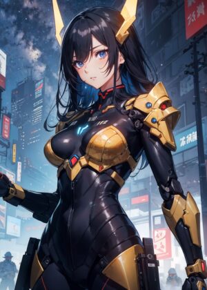 Cyberpunk Anime Girl: Digital Art Print - Premium Wooden Framed Poster. Ready to Hang.