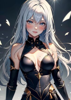 Anime Girl with Long Silver Hair in Elegant Dark Outfit - Premium Wooden Framed Poster. Ready to Hang.